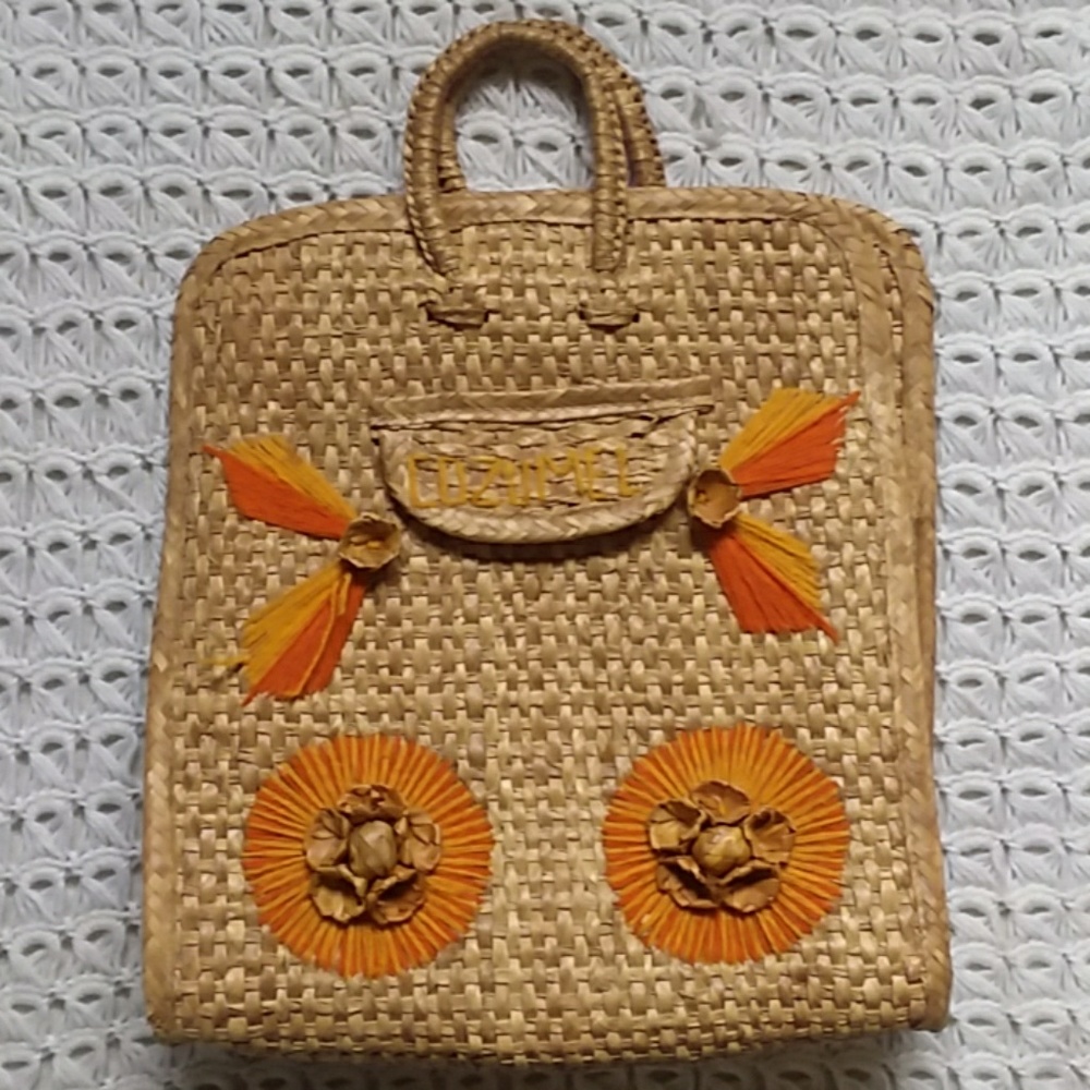Straw bag handmade orange yellow detail